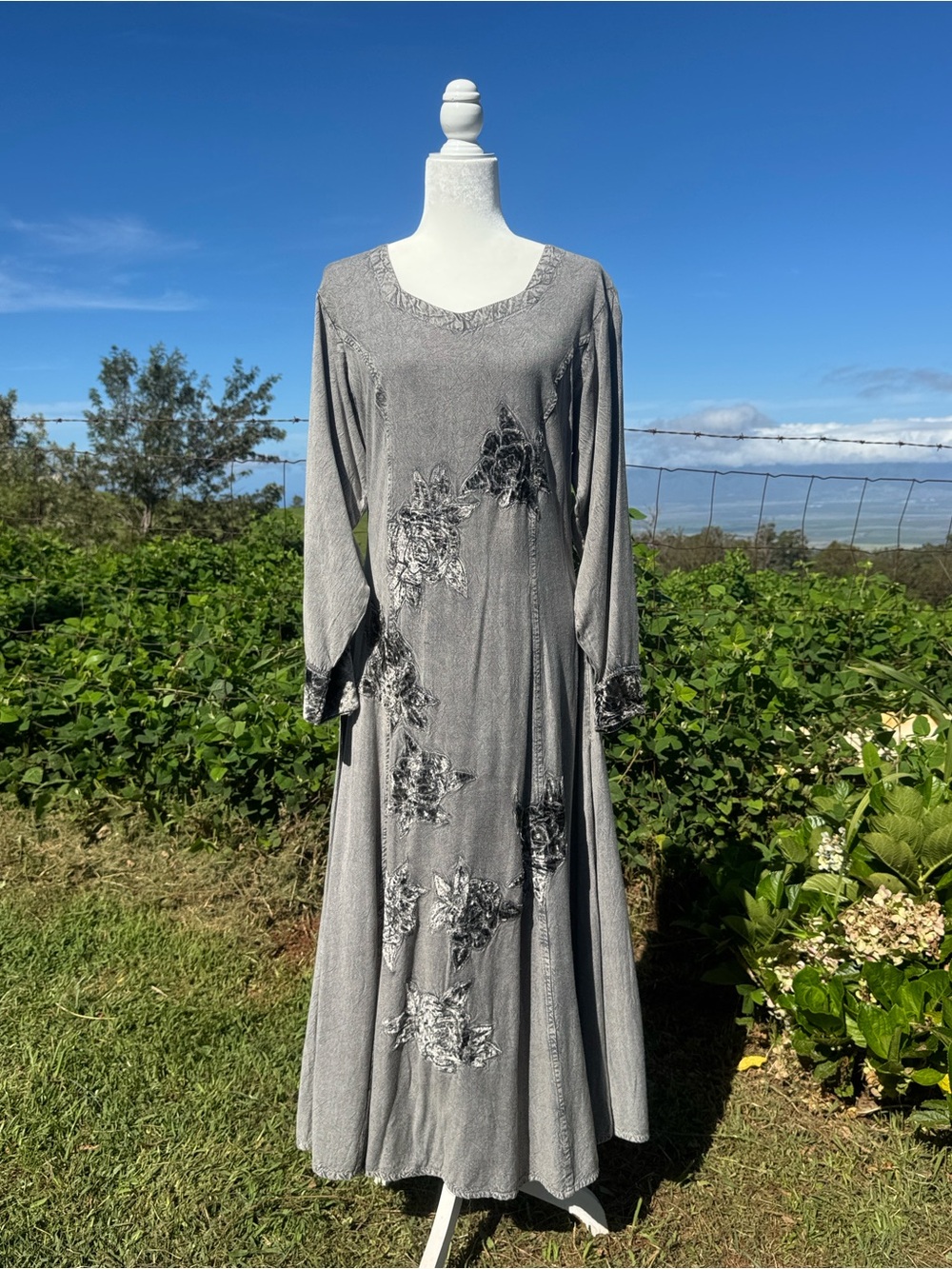 VTG Gray Velvet Embroidered Long Sleeve Maxi Dress WhimsyGoth by Encounter NWT S